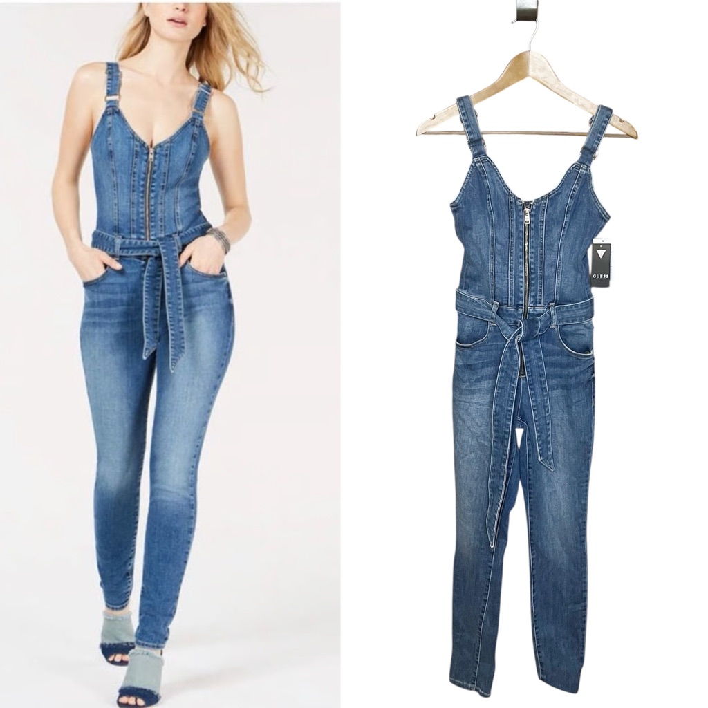 Nwt Guess Kaia Jumpsuit Xs Denim Corset Kai Wash Medium Romper Overalls Belted